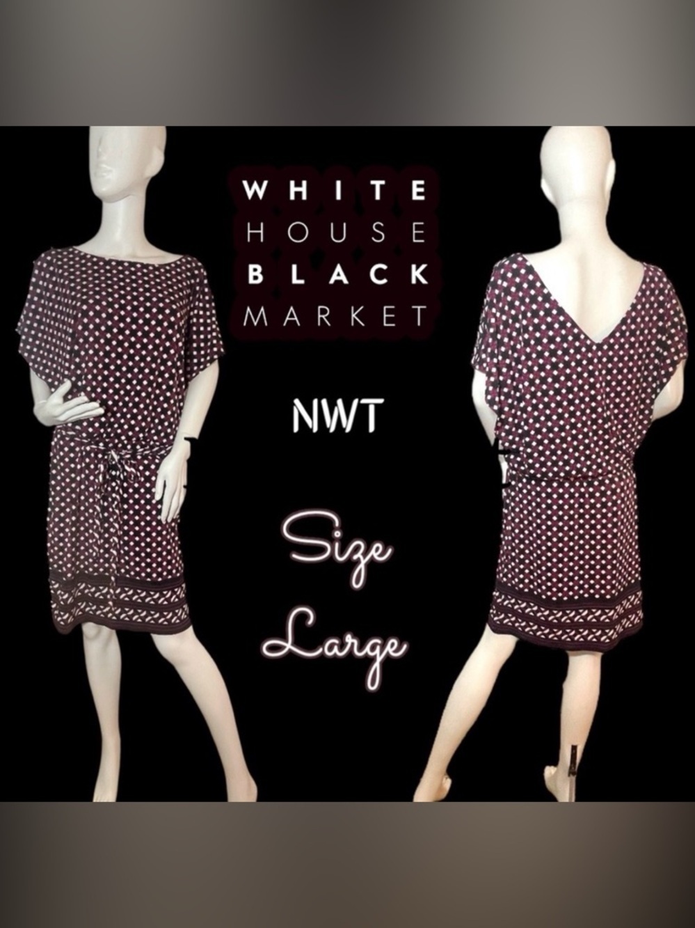 White House Black Market Geo Print Flutter Sleeve Dress NWT Size Large